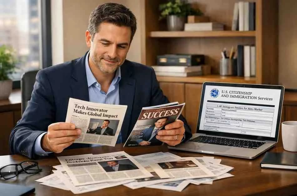 Founder reviewing EB-1A visa press coverage and USCIS published material evidence