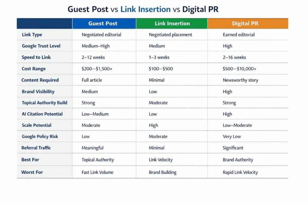 Guest post vs link insertion vs digital PR comparison