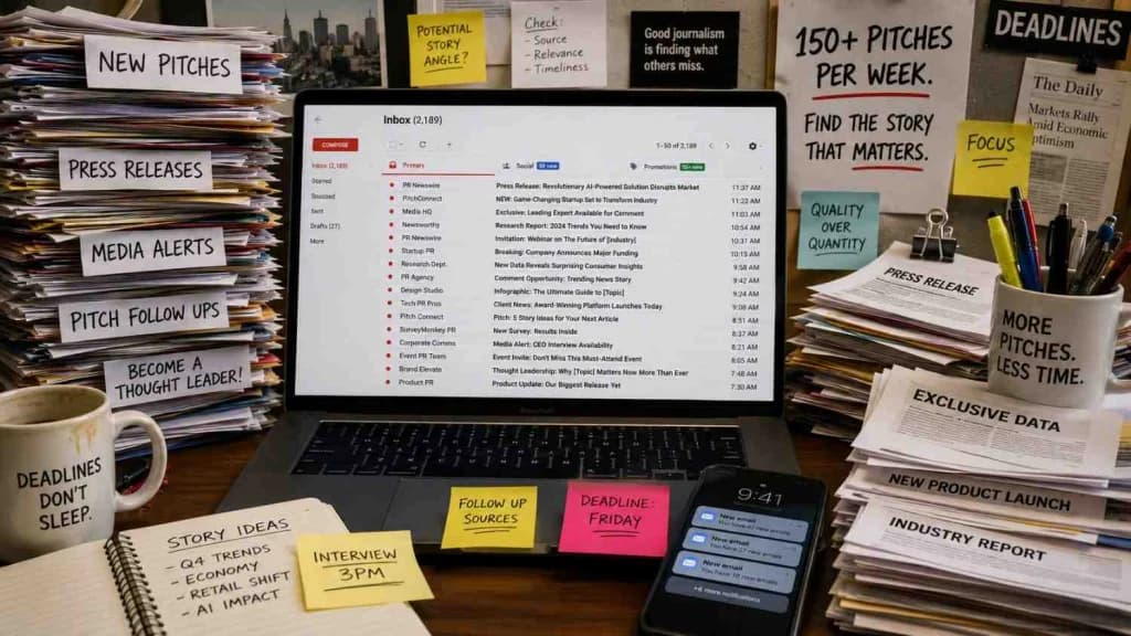 Overflowing journalist inbox illustrating the 150-pitches-per-week volume problem in digital PR