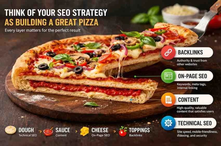 A perfectly layered pizza illustrating each SEO layer — dough, sauce, cheese, and toppings representing technical SEO, content, on-page SEO, and backlinks
