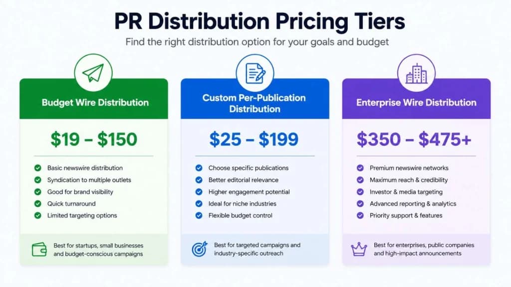 Press release distribution cost tiers in 2026 from budget wires to enterprise services