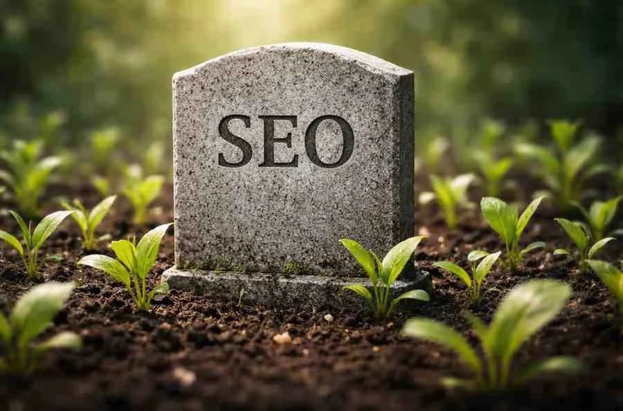 SEO is not dead — tombstone with SEO growing green shoots representing SEO evolution in 2026