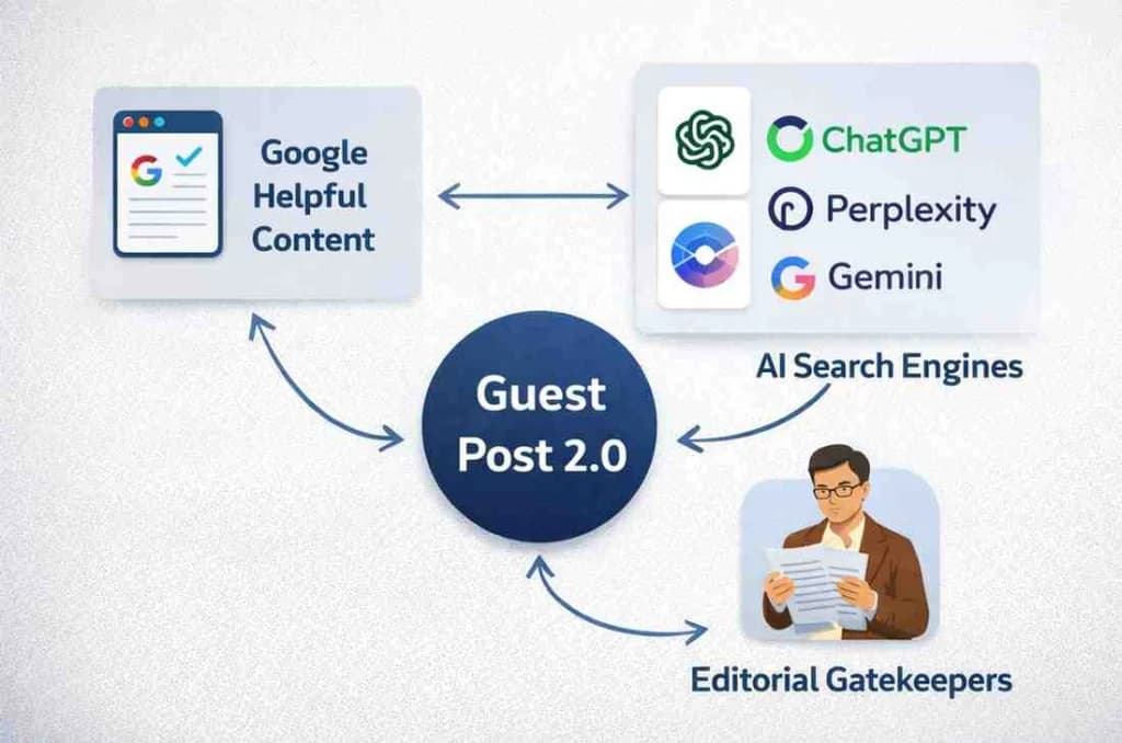 Three forces reshaping guest posting in 2026: Google Helpful Content system, AI search engines, and editorial gatekeepers