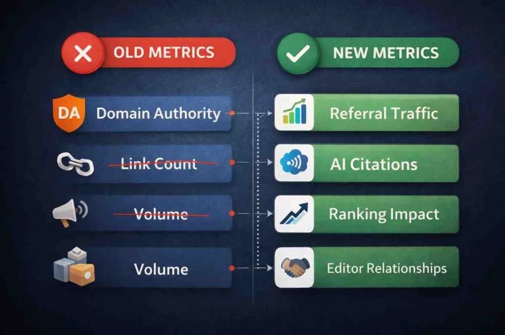 Old guest posting metrics versus 2026 metrics: from domain authority and link count to AI citations and referral traffic