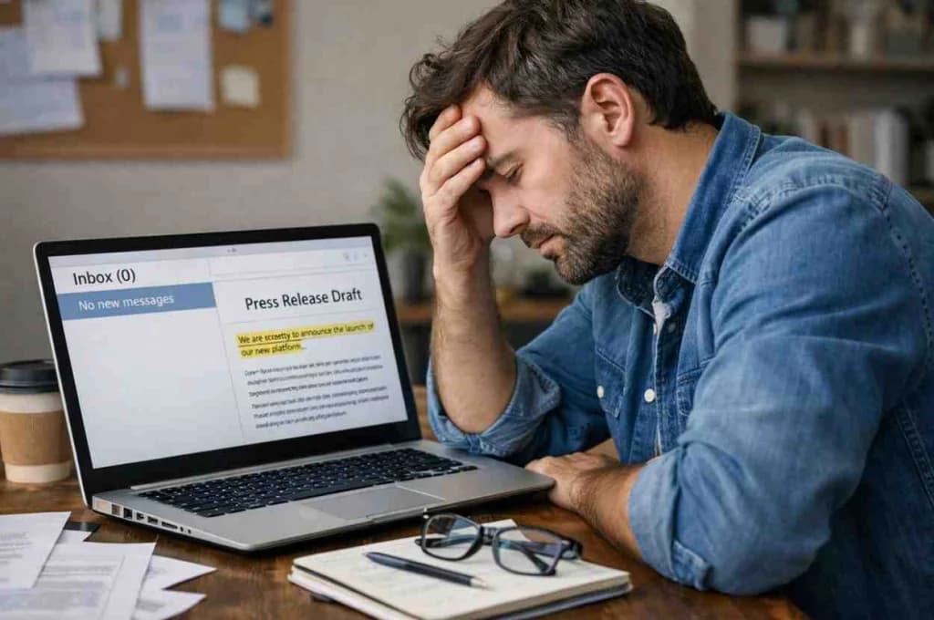 Startup founder reviewing a press release draft on a laptop with an empty inbox, illustrating why press releases fail to get media coverage.
