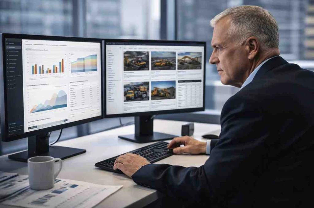 B2B procurement manager researching vendors online during long industrial buying cycle