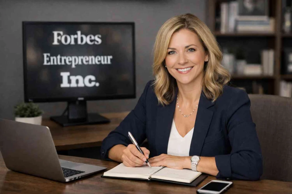 Business coach reviewing media placements for personal brand PR strategy