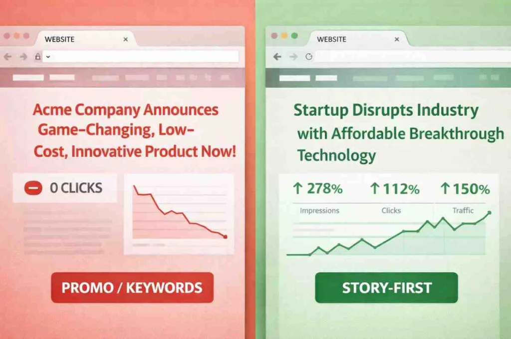 Comparison of promotional vs story-first content marketing headlines and their impact on click-through rates in 2026