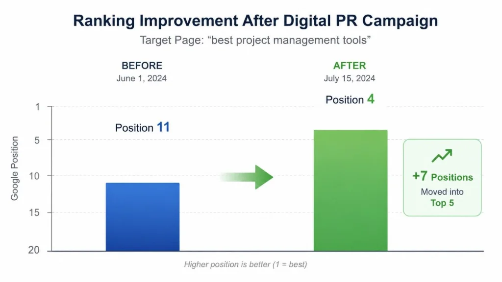 Bar chart showing a target page climbing from position 11 to position 4 after a digital PR campaign