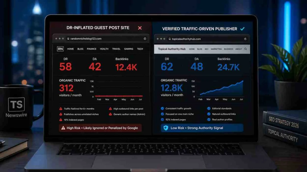 Comparison of DR-inflated guest post site versus a verified traffic-driven editorial publisher in 2026