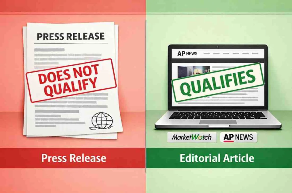 Comparison of press releases vs editorial coverage for EB-1A USCIS published material criterion