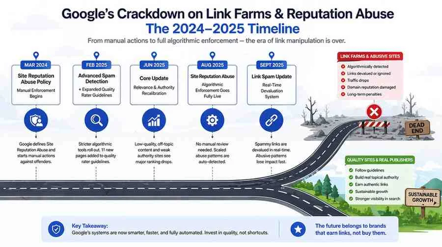 Google algorithm update timeline from March 2024 to September 2025 showing the progression of site reputation abuse enforcement