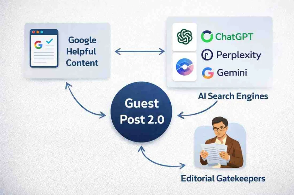 Three forces reshaping guest posting in 2026: Google Helpful Content system, AI search engines, and editorial gatekeepers