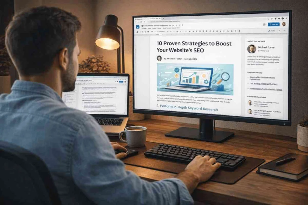 SEO strategist writing a guest post for link building