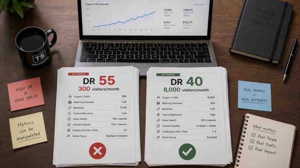 Two guest post site profiles compared — high DR with low traffic versus moderate DR with genuine organic traffic — illustrating why DR alone is not a reliable quality signal