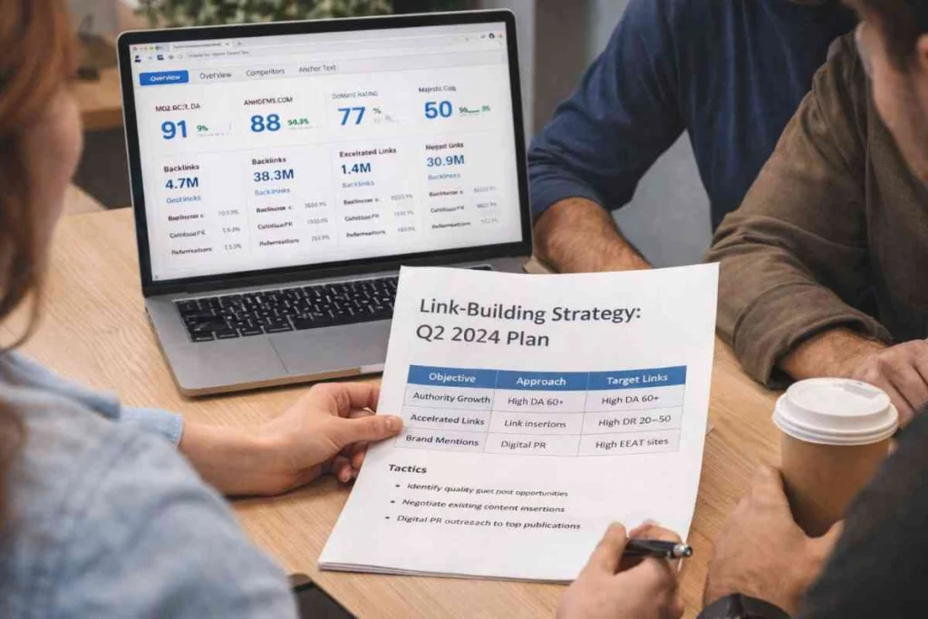 SEO team reviewing link building strategy combining guest posts and digital PR