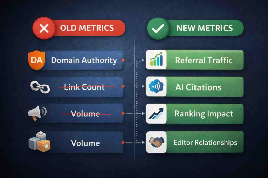 Old guest posting metrics versus 2026 metrics: from domain authority and link count to AI citations and referral traffic