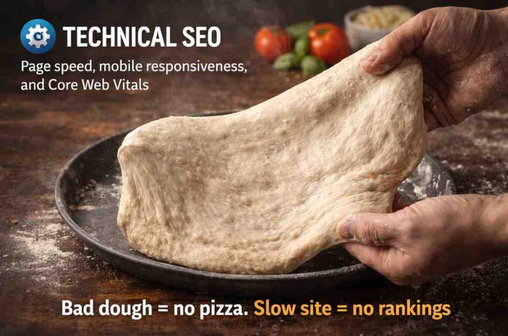 Raw pizza dough being stretched representing technical SEO — page speed, mobile responsiveness, and Core Web Vitals