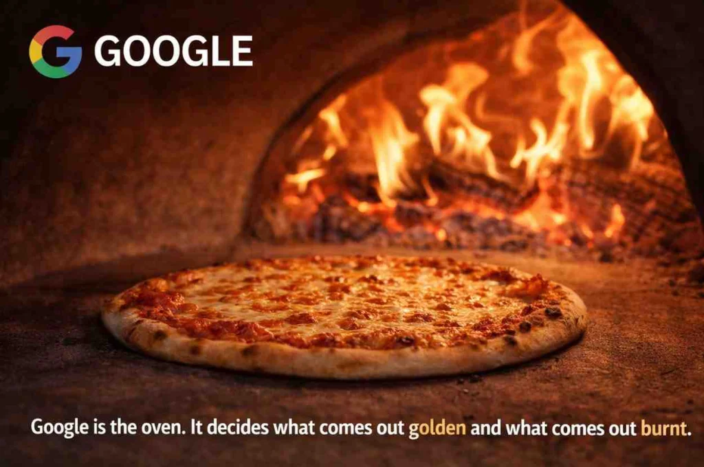 A blazing hot pizza oven representing Google's algorithm — applying heat to decide which websites rank and get served to users
