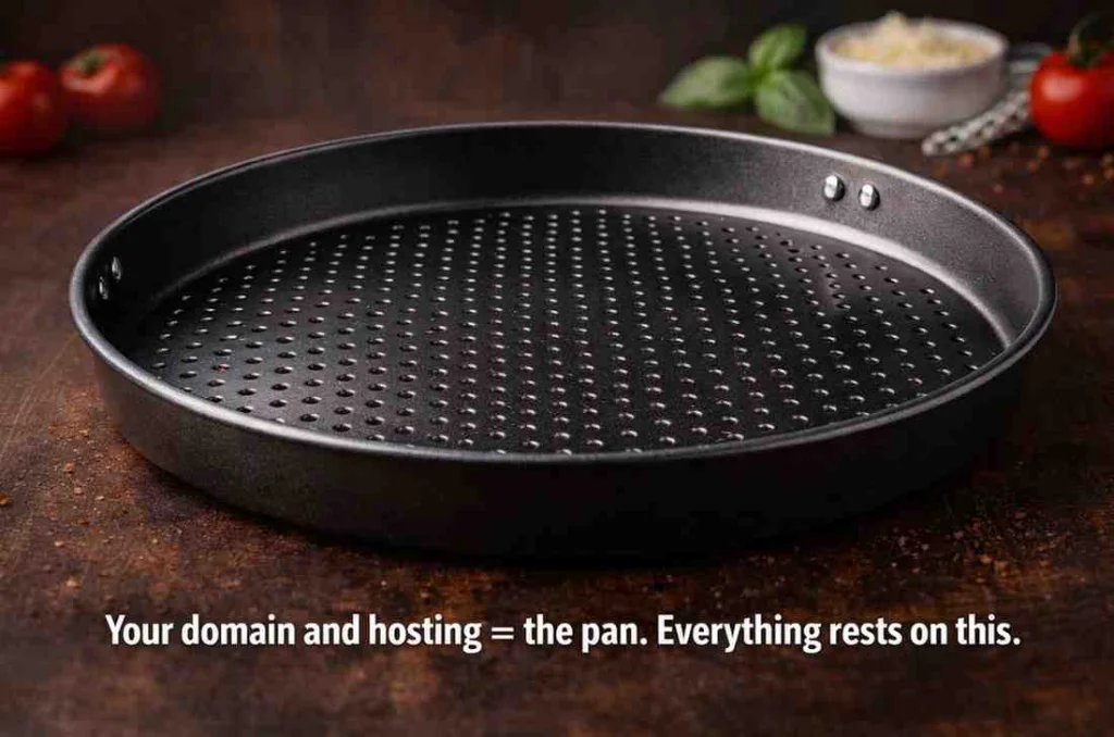 A pizza pan representing the domain and hosting foundation of a website for SEO