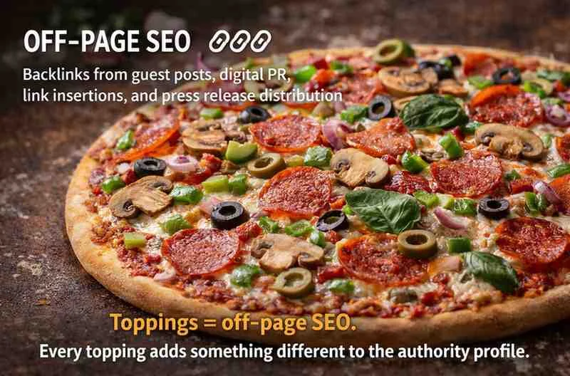 Various premium pizza toppings representing off-page SEO elements — backlinks from guest posts, digital PR, link insertions, and press release distribution