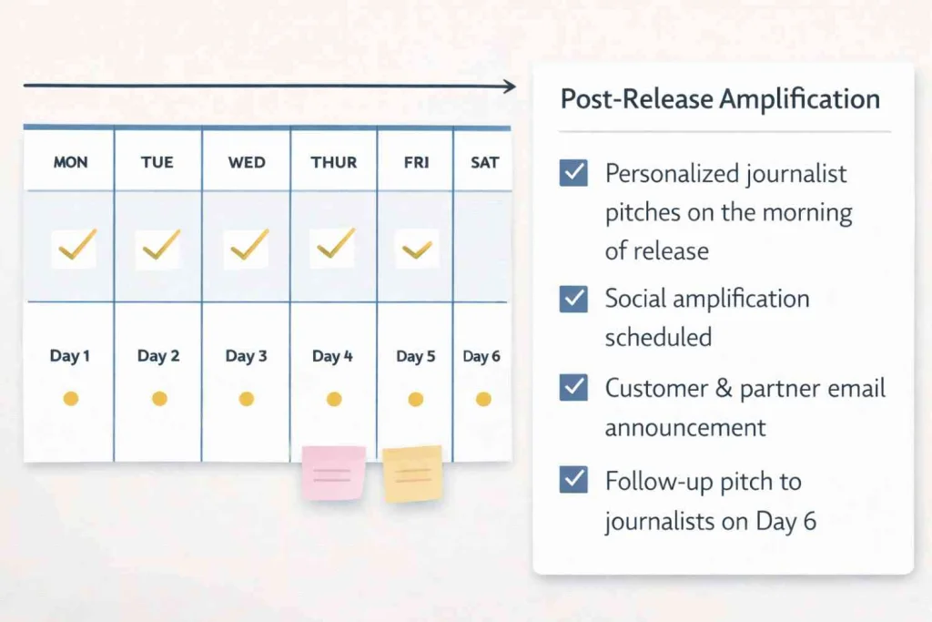 Seven-day press release amplification plan with calendar and checklist for journalist follow-ups and social promotion.