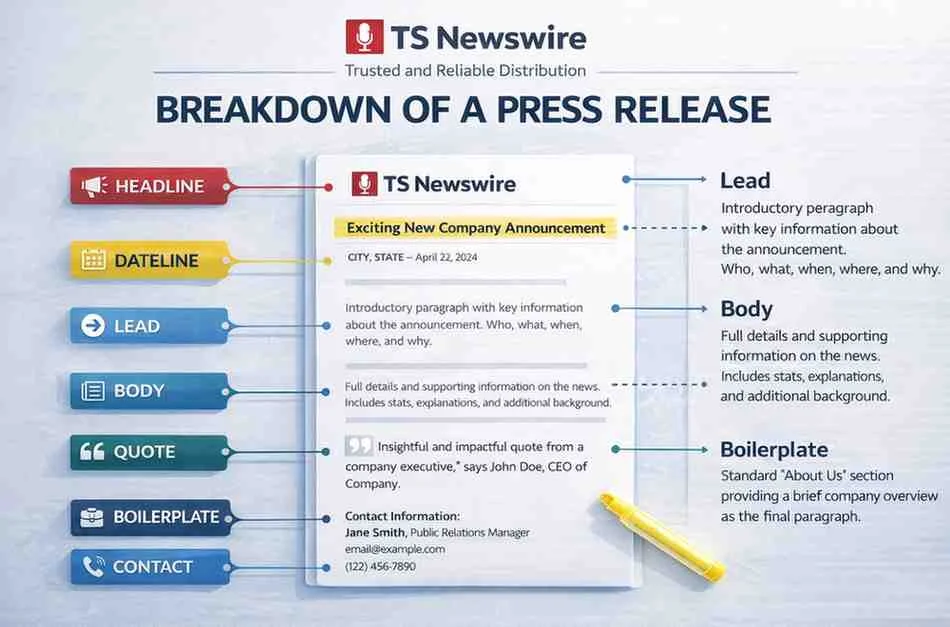 Press release anatomy diagram showing headline dateline lead body quote boilerplate and contact sections