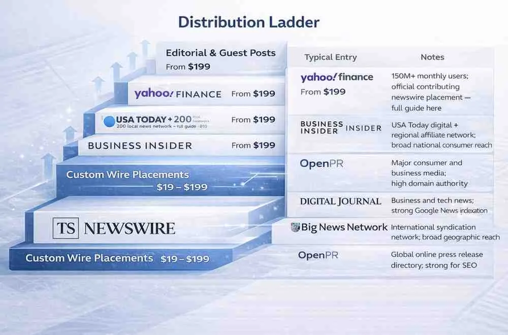 Press release distribution tiers from 19 dollar custom placements to wire distribution and editorial guest posts
