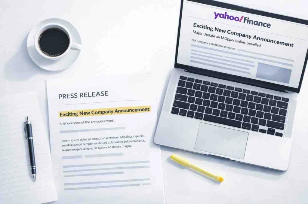 Press release draft on desk with laptop showing Yahoo Finance — PR writing guide 2026