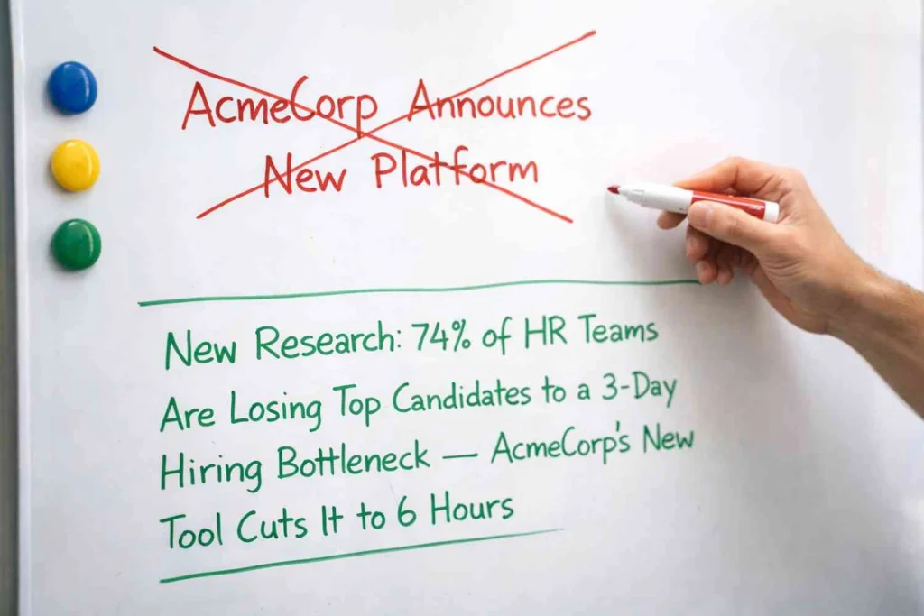 Weak press release headline crossed out and rewritten into a stronger, data-driven headline example.