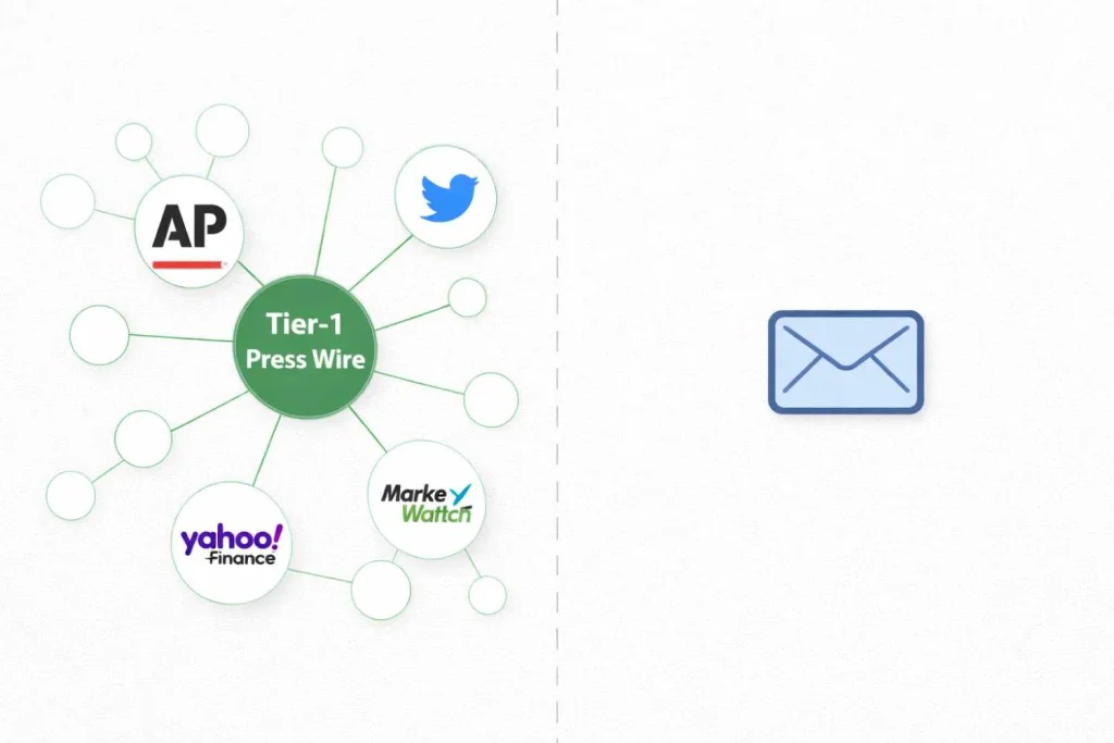 Illustration showing Tier-1 press release distribution network versus sending a single email pitch.