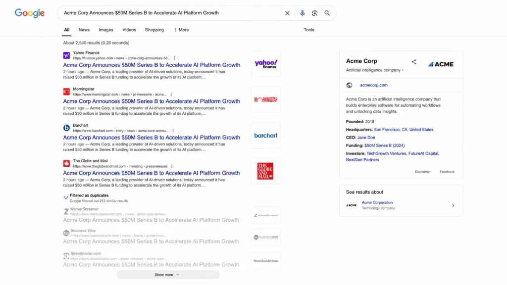 Google search results showing only four to five indexed copies of a syndicated press release