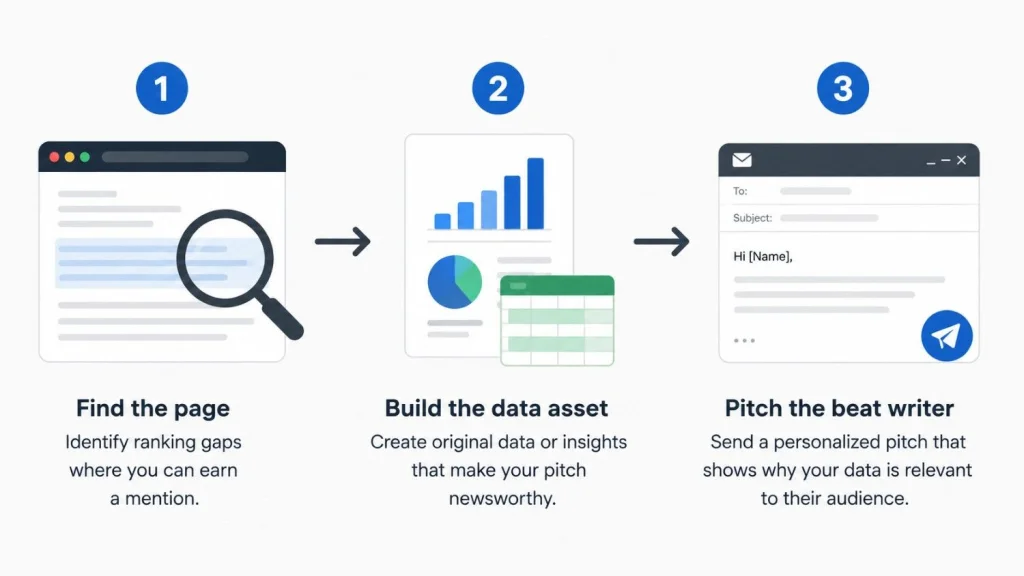 Three-step ranking-gap PR workflow diagram: target page, data asset, journalist outreach.