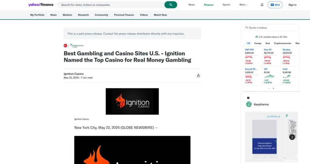 iGaming press release featured on Yahoo Finance