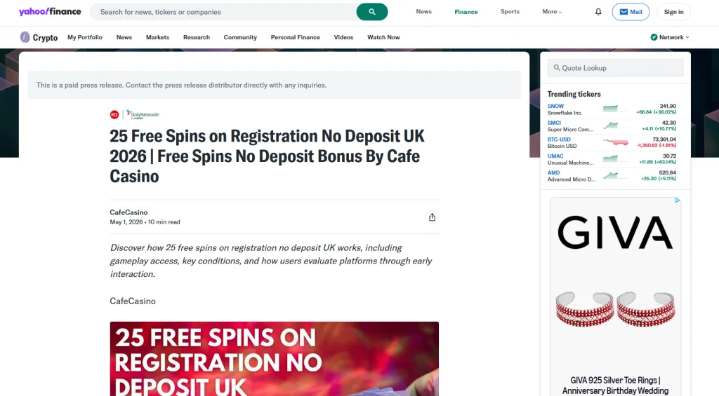 Yahoo Finance — 25 Free Spins on Registration No Deposit UK 2026 | Free Spins No Deposit Bonus By Cafe Casino